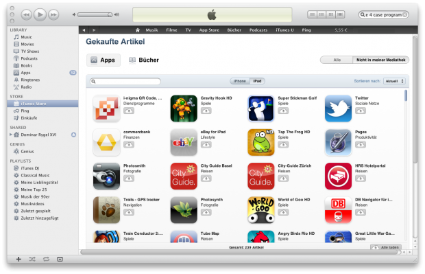 Nur Apps und Bücher werden in der Liste gekaufter Inhalte angeboten.